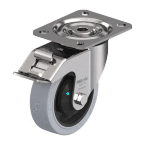 Rueda de 4" Giratoria Inoxidable Con Freno Caucho Elástico 100 X 32MM 200KG con Rodamiento Bola A.Hilo. BLICKLE