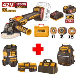 COMBO - INGCO - Esmeriladora Angular de 4-1/2 Inalámbrico de 42V con 10,000 Revoluciones por Minuto Brushless con 2 Batería 2.5 Amperios con Interruptor Superior más 29 Discos con Maletín más Kit Portaherramientas - Imagen 1