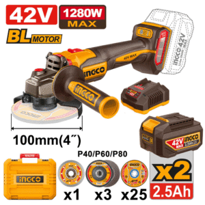 Esmeriladora Angular de 4-1/2 Inalámbrico de 42V con 10,000 Revoluciones por Minuto Brushless con 2 Batería 2.5 Amperios con Interruptor Superior más 29 Discos con Maletín. INGCO