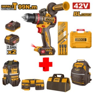 COMBO - INGCO - Taladro Martillo de 1/2 Inalámbrico de 42V con 2 Velocidades Variable de 0 A 2,000 Revoluciones por Minuto Brushless de 0 a 30,000 Golpes Por Minuto 99NM con 2 Baterías 2.0 Amperios con Maletín y 17 Accesorios más Kit Portaherramientas - Imagen 1