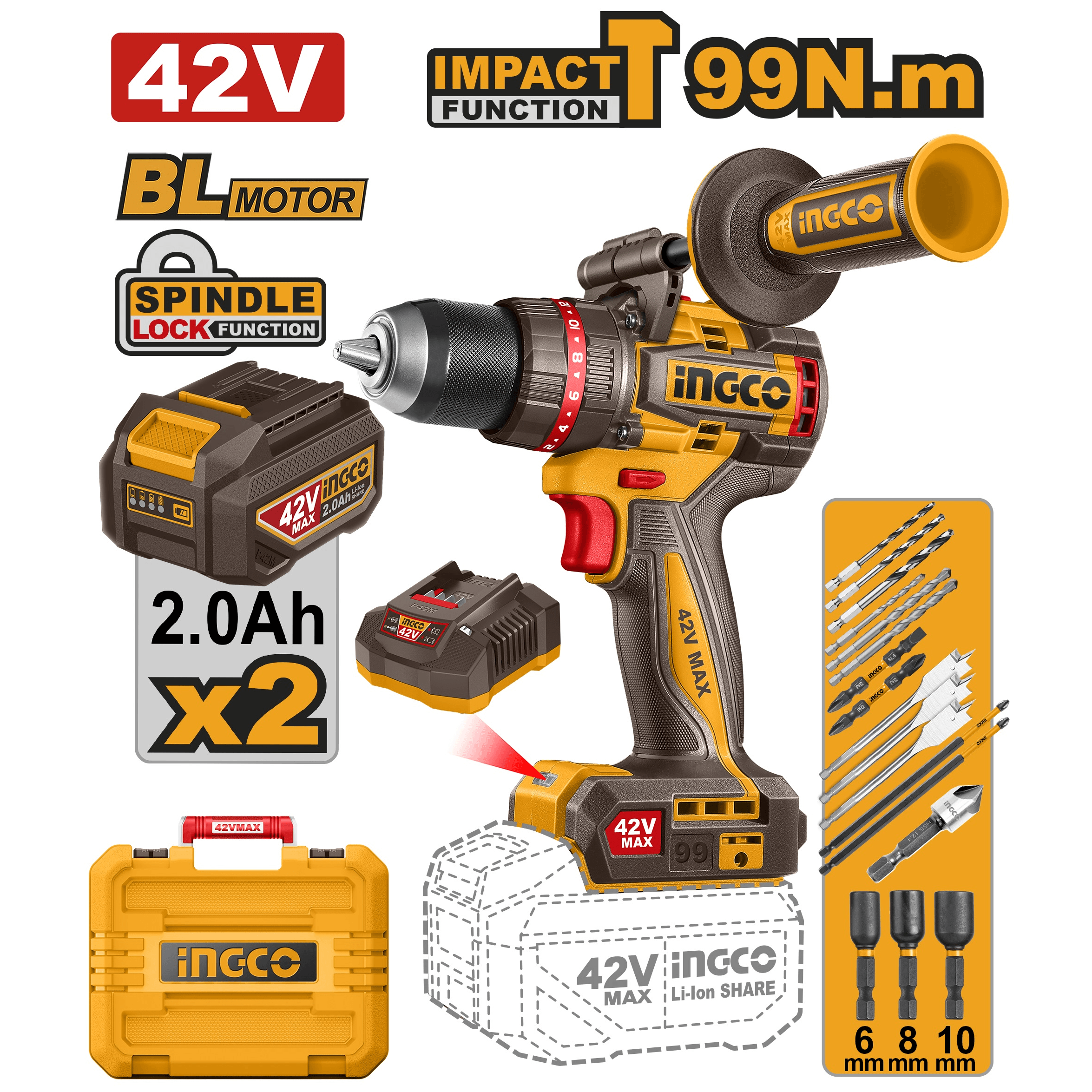 Taladro Martillo de 1/2 Inalámbrico de 42V con 2 Velocidades Variable de 0 A 2,000 Revoluciones por Minuto Brushless de 0 a 30,000 Golpes por Minuto 99NM con 2 Baterías 2.0 Amperios con Maletín y 17 Accesorios. INGCO