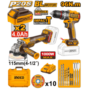 Kit Taladro Martillo de 1/2" 96NM y Esmeriladora Angular de 4-1/2 20V 1000W con 2 Baterías de 4.0 Amperios con Maletín más Juego de 9 Brocas y 2 Punta Destornillador Doble. INGCO - Imagen 1