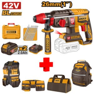 COMBO - INGCO - Rotomartillo de 1" SDS Plus Inalámbrico de 42V con 4 Funciones, 2.5 Joules de 0-5,000 Golpes por Minuto, 0-1,100 Revoluciones por Minuto con 2 Baterías de 2.0 Amperios Brushless con Juego 6 Brocas más 2 Cinceles con Maletín más Kit Portaherramientas