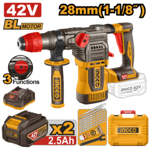 Rotomartillo de 1-1/8 SDS Plus Inalámbrico de 42V con 3 Funciones, 4.5 Joules de 0 a 4,400 Golpes por Minuto con 0-900 Revoluciones por minuto Brushless con 2 Baterías de 2.5 Amperios con Juego de 6 Brocas más 2 Cinceles y Accesorio Con Maletin. INGCO
