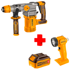 COMBO - INGCO - Rotomartillo SDS Plus de 1-1/8 más Lampara Led más 1 Batería de 4.0 Amperios