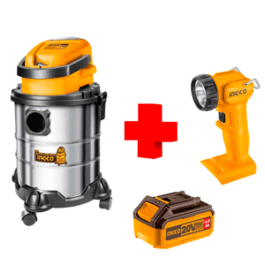 COMBO - INGCO - Aspiradora de 20 Litros más Lampara Led más 1 Batería de 4.0 Amperios