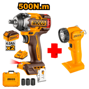 COMBO - INGCO - Llave De Impacto de 500NM más Lampara LED más Sockets más 2 Baterías de 4.0 Amperios
