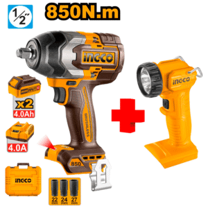 COMBO - INGCO - Llave de Impacto de 850NM más Lampara LED más Sockets más 2 Batería de 4.0 Amperios