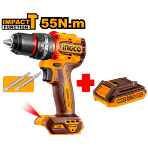 COMBO - INGCO - Taladro Atornillador de 1/2 Inalámbrico de 20V con 2 Velocidades Variables de 0-500 / 0-2,000 Revoluciones por Minuto, Brushless, con luz LED más 1 Batería de 2 Amperios