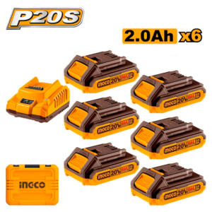 Cargador de Batería 20V con 2.0 Amperios Litio-On 1 Hora (UFCLI2001) más 6 Batería de 2.0 Amperios Litio-On P20S (FBLI20011) Con Maletín. INGCO